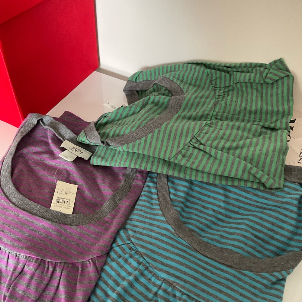 LOFT Bundle of 3 Striped Tees - Green, Purple, Blue Size L